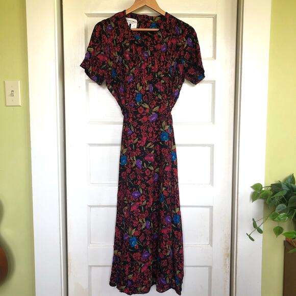 VTG 90s Betsy's Things Floral Maxi Dress Tag 14P M Rayon Dark Cottagecore Petite - Picture 1 of 11